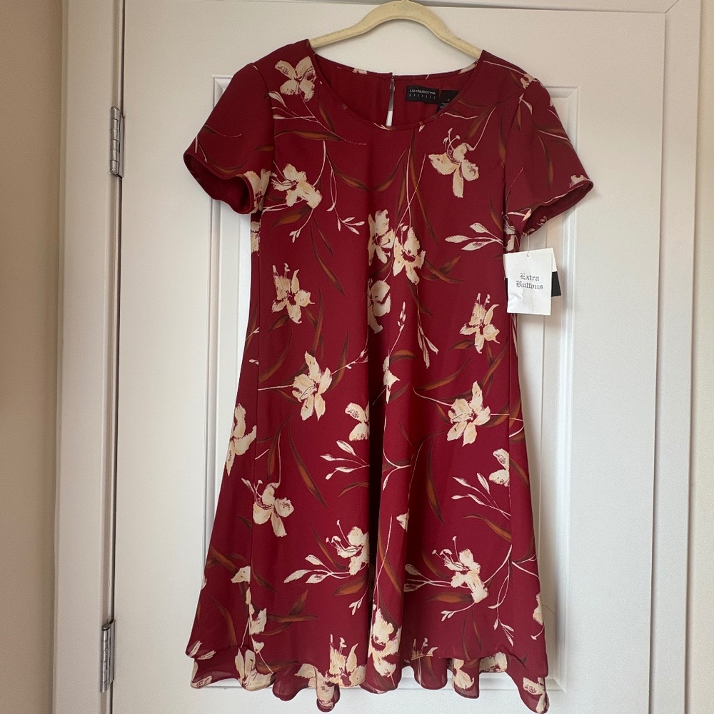 NWT Liz Claiborne Womens Summer Floral Print Dress Short Sleeve Maroon Size 6